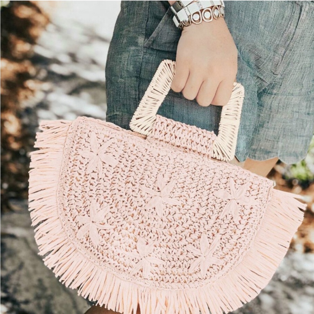 A New Day Boho Pastel Wicker Straw Handle Handbag